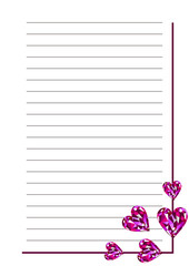 Vector blank for letter or greeting card. White paper form with pink gems in the shape of hearts, lines and border. A4 format size.