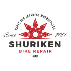 Japan bike repair service logo concept. Ninja weapon insignia design. Vintage shuriken badge. Motorcycle parts t-shirt illustration.