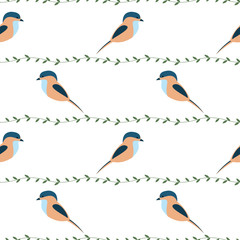 Seamless vector pattern with animals. Symmetrical background with colorful birds and branches on the white backdrop. Series of Animals and Insects Seamless Patterns.
