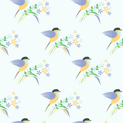Seamless vector pattern with animals. Symmetrical background with colorful birds, leaves and flowers on the light backdrop. Series of Animals and Insects Seamless Patterns.