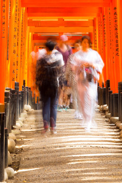 Fushimi Inari Shrine People Walking Blurred Torii