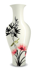 vase with Chinese ink style flower bird drawing