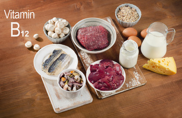 Foods Highest in Vitamin B12 (Cobalamin) on a wooden background.