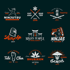 Set of Japan Ninja Logo. Ninjato sword insignia design. Vintage shuriken badge. Mixed martial art tournament t-shirt illustration on navy background © Gmorv