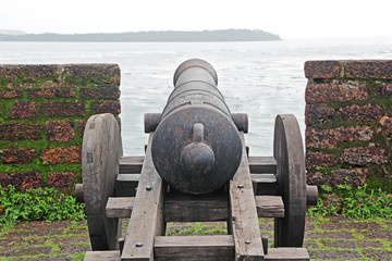 Historic antique canon used by the Portuguese during their occupation of Goa, India, used to...