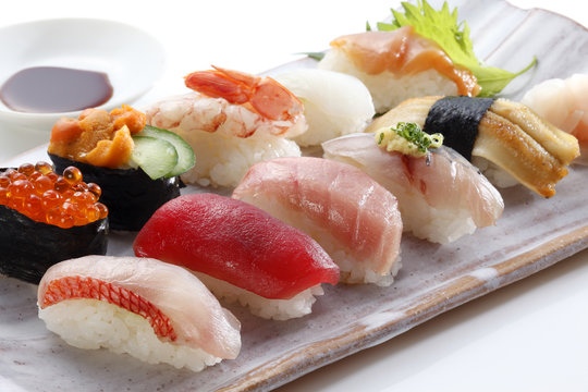 Japanese seafood sushi /many tasty fresh japanese sushi with tuna, caviar and shrimp