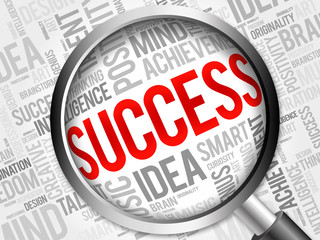 SUCCESS word cloud with magnifying glass, background concept