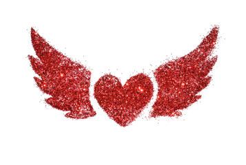 Abstract heart with wings of red glitter sparkle on white background
