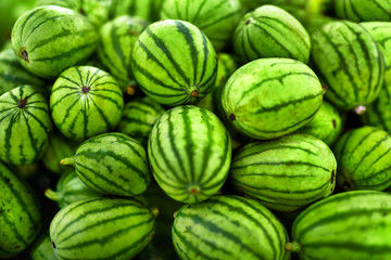 Fruit Background. A Lot Of Big Sweet Green Organic Ripe Watermelons In The Farmers Market (...