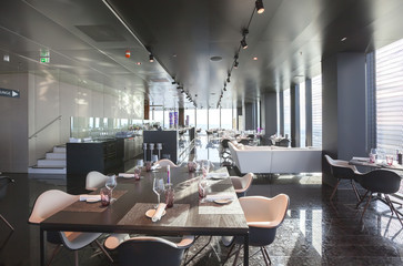Fototapeta na wymiar interior of Vienna contemporary restaurant in sky