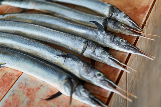 Fish, Seafood. Close Up Of Fresh Caught Needlefish ( Belone, Houndfish, Tylosurus Crocodilus ) At Fish Market In Thailand, Asia. Healthy Food Ingredient. Nutrition, Diet And Vitamins.