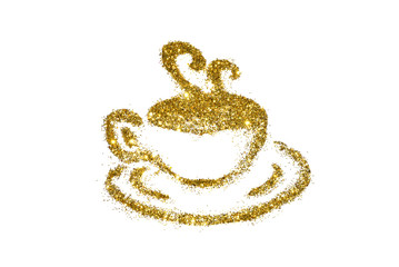 Golden cup of coffee of glitter sparkle on white background