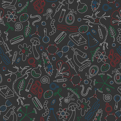 Seamless background on a theme of biology and education, colored marker on dark background
