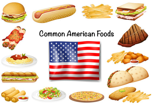 Different common American food set