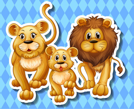 Lion family on blue background
