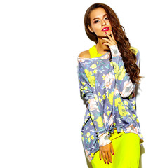 portrait of beautiful happy sexy cute brunette woman bad girl in summer hipster bright colorful...
