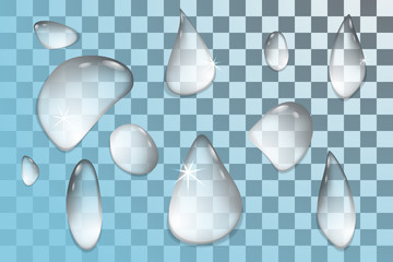 Pure clear water on the blue and gray checkered background , realistic set isolated vector illustration