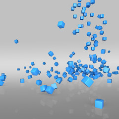 3d abstract background blue cubes fall on the mirror surface 