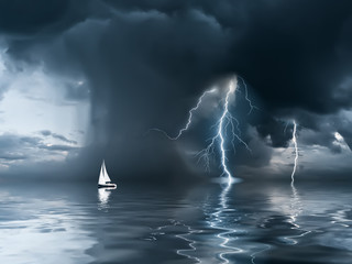 Thunderstorm and yacht at the ocean © firewings