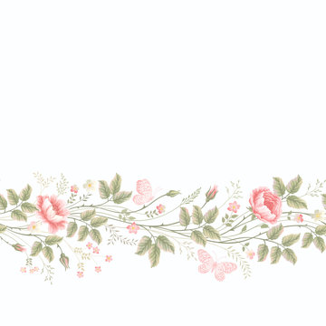 seamless floral border with roses and butterflies
