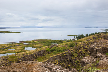 Fototapeta na wymiar Thingvellir National Park - famous area in Iceland right on the spot where atlantic tectonic plates meets. UNESCO World Heritage Site