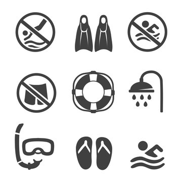 Swimming pool icons, diving, mask, flippers and shower. sport icons set