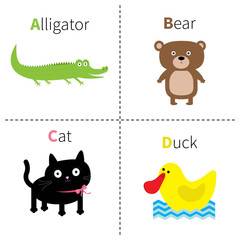 Letter A B C D Alligator Cat Bear Duck Zoo alphabet. English abc with animals Education cards for kids Isolated White background Flat design