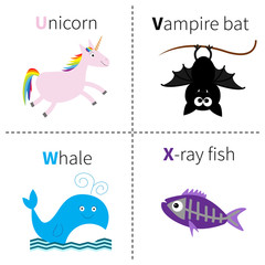 Letter U V W X Unicorn Vampire bat Whale X-ray fish Zoo alphabet. English abc with animals Education cards for kids Isolated White background Flat design