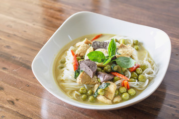 Green curry chicken with thai Rice Noodles, Thai Food.