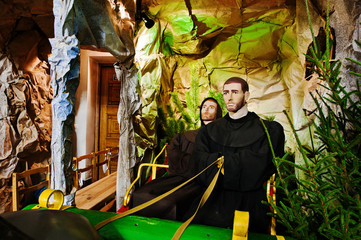 Very large christmas nativity crib. Monk