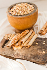 nuts and coconut waffles on a cutting board and silk fabric food