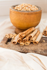 nuts and coconut waffles on a cutting board and silk fabric food