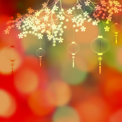 Greeting postcard wth branch of sakura and garland of sky lanterns for Chinese New Year on blurred colorful background with bokeh effect. Raster illustration