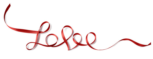 Love word red thin ribbon contour Valentine isolated on white