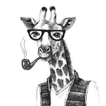 Hand drawn Illustration of giraffe hipster