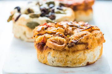 close view on italian foccacia with tomatos