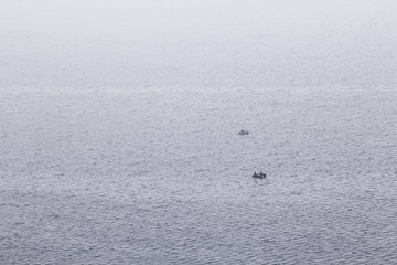 Рыбацкие лодки в тумане зимой на Волге.