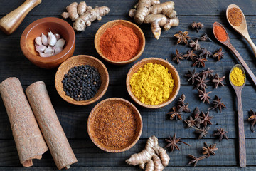 Fototapeta na wymiar Colorful spice powder, chilli, pepper, turmeric, cashew