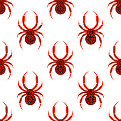 Seamless vector pattern with insects, symmetrical background with bright decorative red closeup spiders, over white backdrop. Series of Animals and Insects Seamless Patterns.