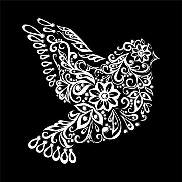black and white Zentangle stylized dove. Vintage sketch for tattoo
