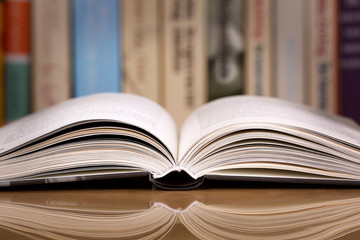 Open book in library or bookstore	