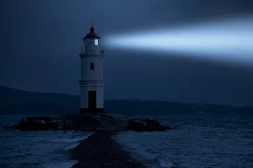 Poster Im Rahmen Lighthouse in Vladivostok shines at night in the sea © wesler1986