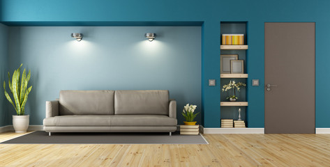 Blue and brown modern livingroom - obrazy, fototapety, plakaty