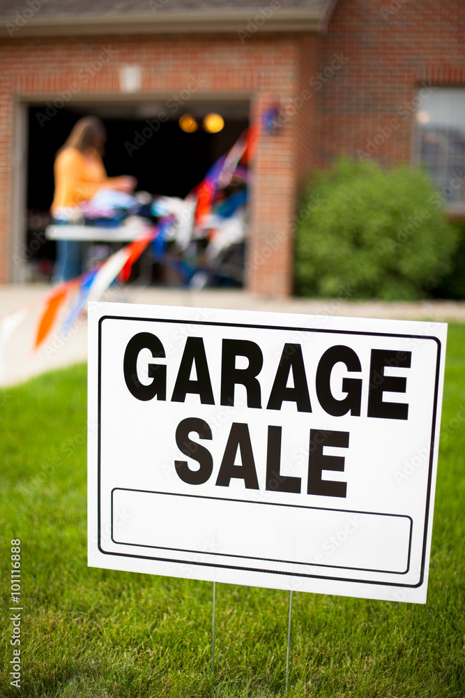 Wall mural garage sale sign in home front yard