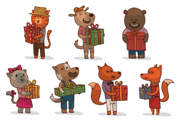 Vector cartoon image of set of funny different animals male and female: cats, dogs, foxes and bear, in different clothes with gifts in their paws on a light background. Birthdays. Vector illustration.