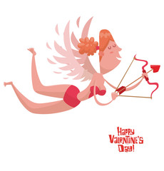 Obraz premium Vector cartoon image of a pretty female cupid with curly orange hair with white wings in red bikini with a red bow and arrow in hand flying on a light background. Valentine's Day. Vector illustration.