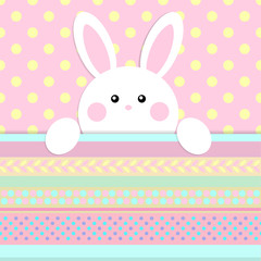 Greeting card with with white Easter rabbit. Funny bunny. Easter Bunny.