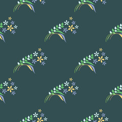 Seamless floral vector pattern. Decorative background with flowers and keaves on the blue backdrop
