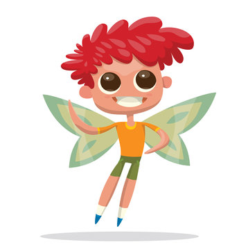 Vector cartoon image of a cute male fairy with large eyes with red hair with pale green butterfly wings in green shorts, orange t-shirt on a white background. Positive character. Vector illustration.