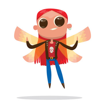 Vector cartoon image of a cute male fairy with big eyes, long red hair, light pink butterfly wings, blue pants, red shirt, brown jacket on a white background. Positive character. Vector illustration.